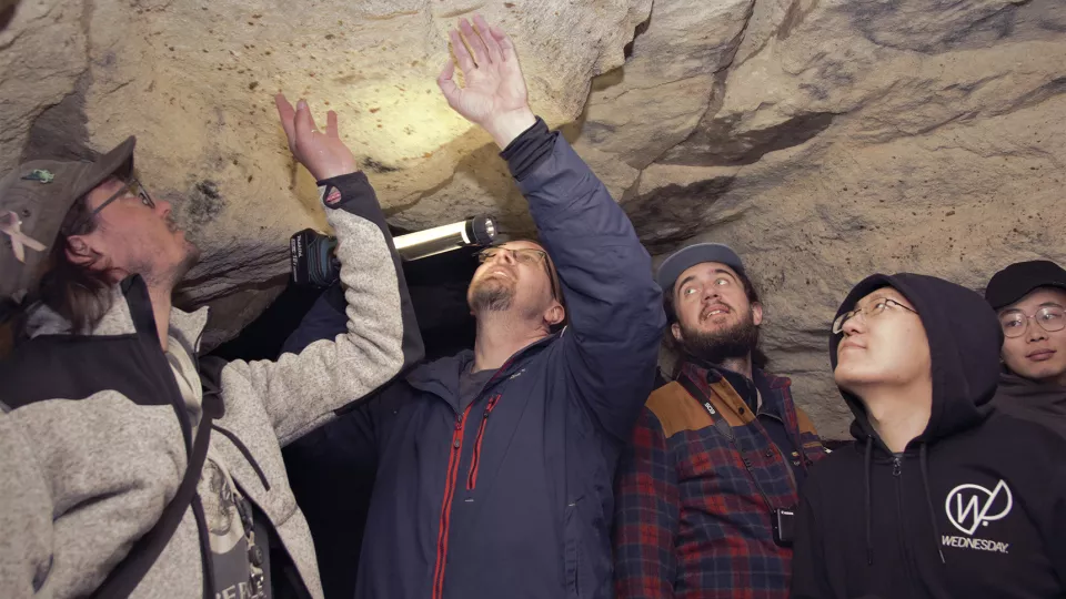 Personer undersöker taket i en grotta. 