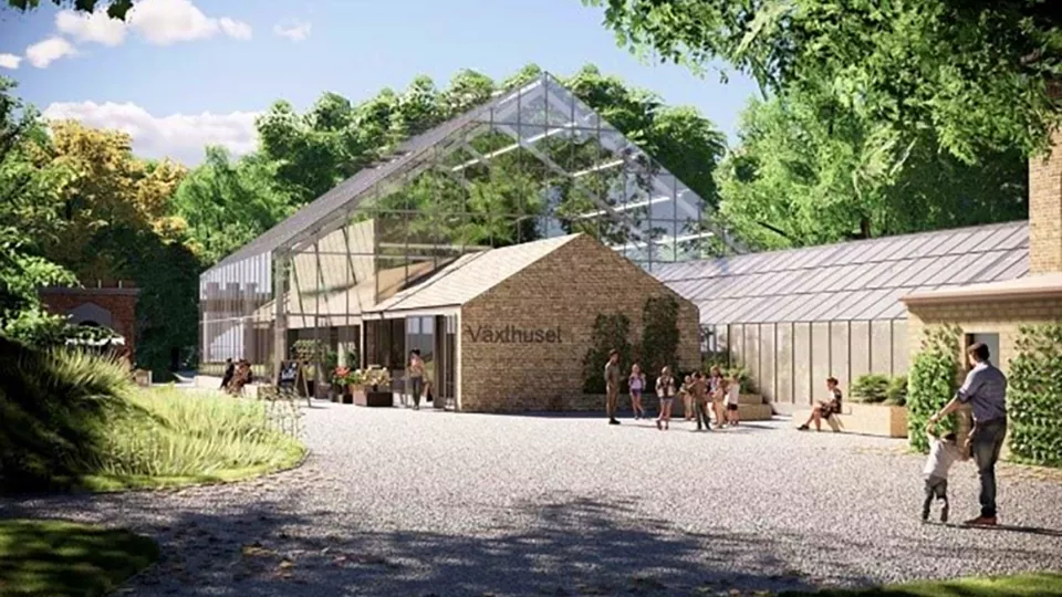 Framtidens växthus i Botaniska trädgården i Lund enligt arkitekten. Illustration.