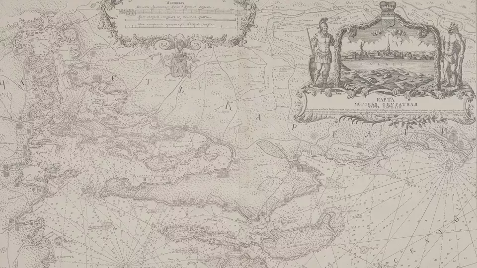 Karta ur Aleksej Nagaevs atlas Vsego Baltijs från år 1757. Kartan visar Finska viken med Karelska näset. Fotografi Kungliga biblioteket. Foto.