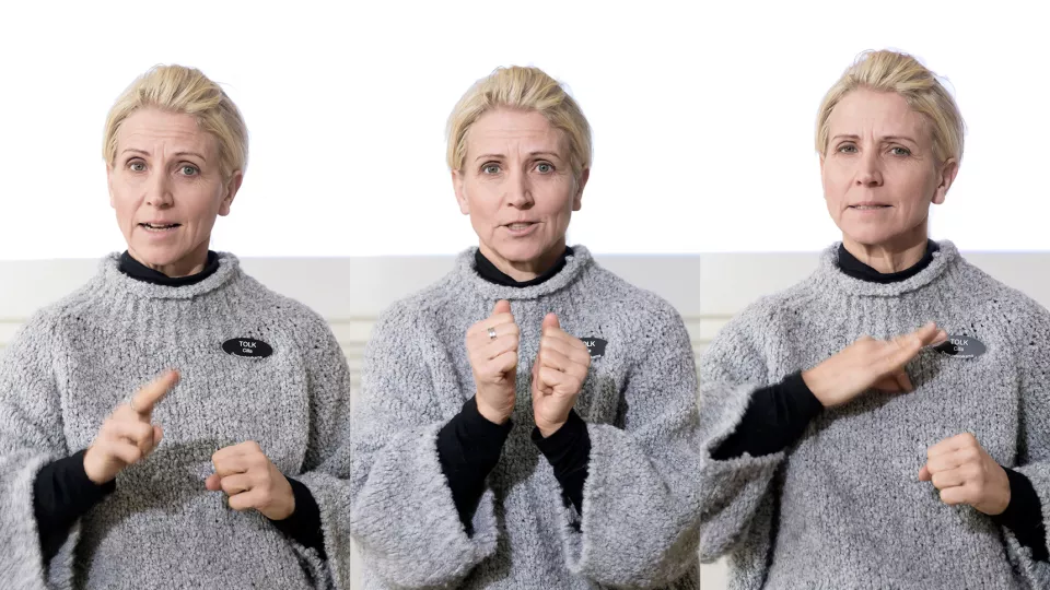 Fotomontage. Tre bilder av Cilla Riber Alm som är teckenspråkstolk och som tecknar tre olika ord.
