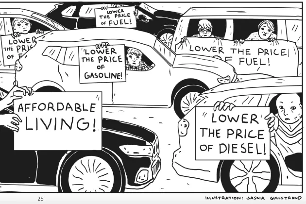 Illustration som visar människor som ogillar höjda bränslepriser. Illustration: Saskia Gullstrand.