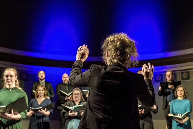 Kören Palaestra vokalensemble dirigeras. Foto.