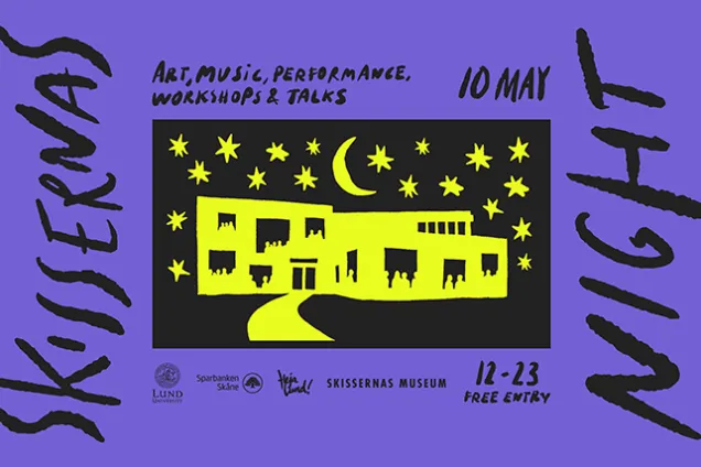 SKISSERNAS_NIGHT_Liggande_Poster_(2800x1867px)_120225_Sida_1.jpg Illustration stilistisk bild i svart och gult som föreställer Skissernas Museums hus. Lila ram med text "Skissernas Night".