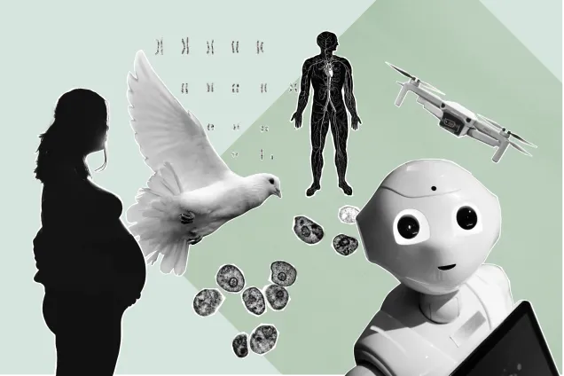 Crafoord2025_illustration.png Illustration. Gravid, robot, människa, DNA, drönare.