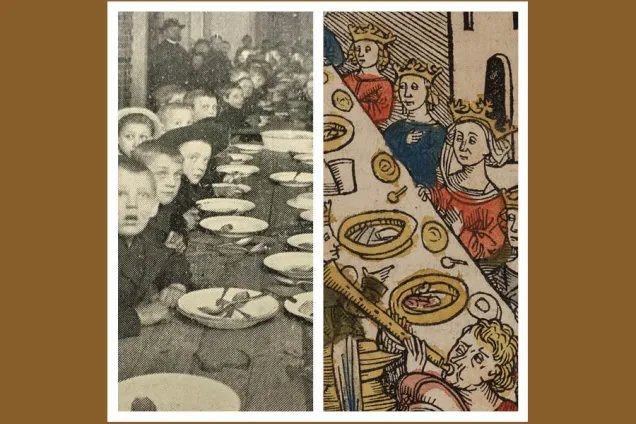 omslag-bronze.jpg Till vänster sitter fattiga barn vid ett matbord. Till höger personer som bär kronor vid en medeltida bankett.