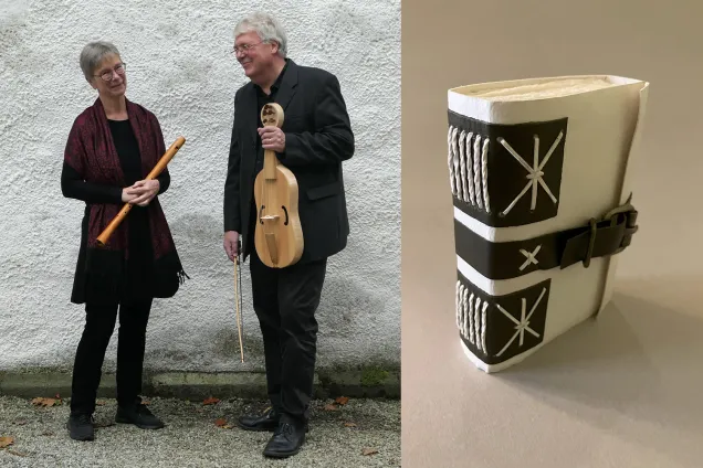 Kollage Finissage 1500 x 1000 px.jpg Två musiker som håller i medeltida instrument, samt en bok bunden med medeltida teknik.