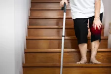 Elderly in stair with cane