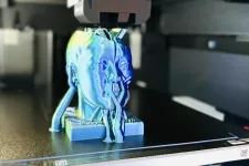 3d-show2.jpg Foto av en 3d-skrivare som just håller på att skriva ut ett huvud i blågröngul-skimrande plast.