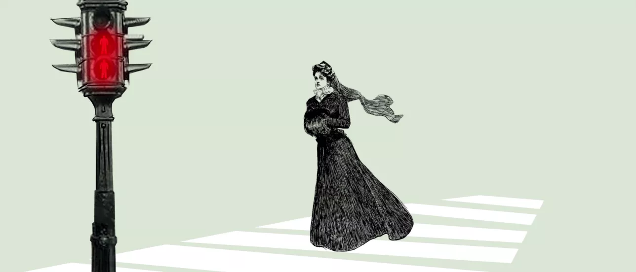 En kvinna går över ett övergångsställe. Illustration.