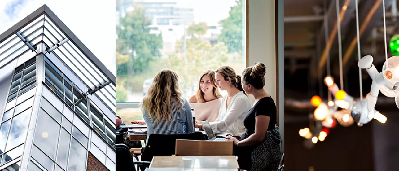 Collage med byggnader och studenter vid Campus Helsingborg