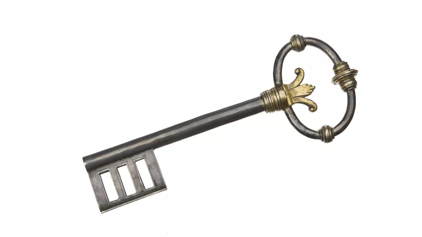 Nyckel som överlämnades till Lunds universitet vid invigningen 1668. Foto.