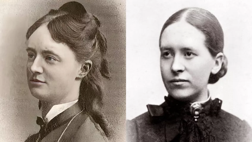 Gamla svartvita porträttbilder på två kvinnor sida vid sida.