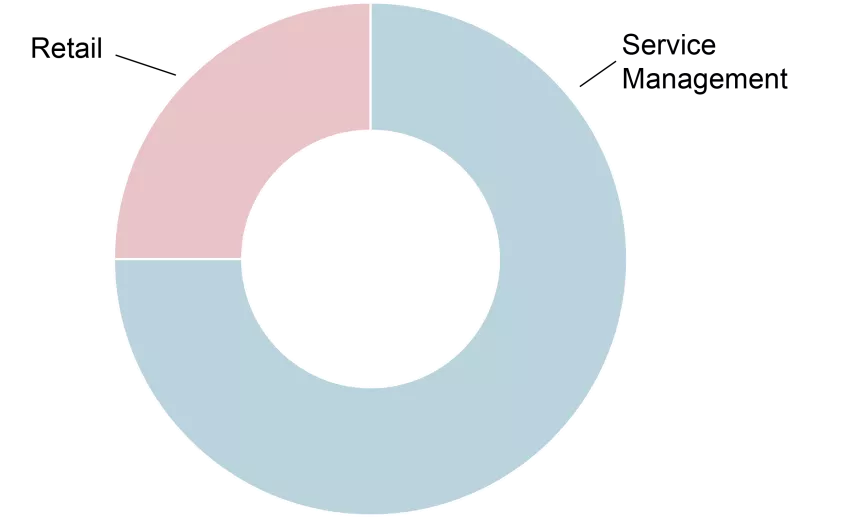 Cirkeldiagram. Service Management 75%. Retail 25%.